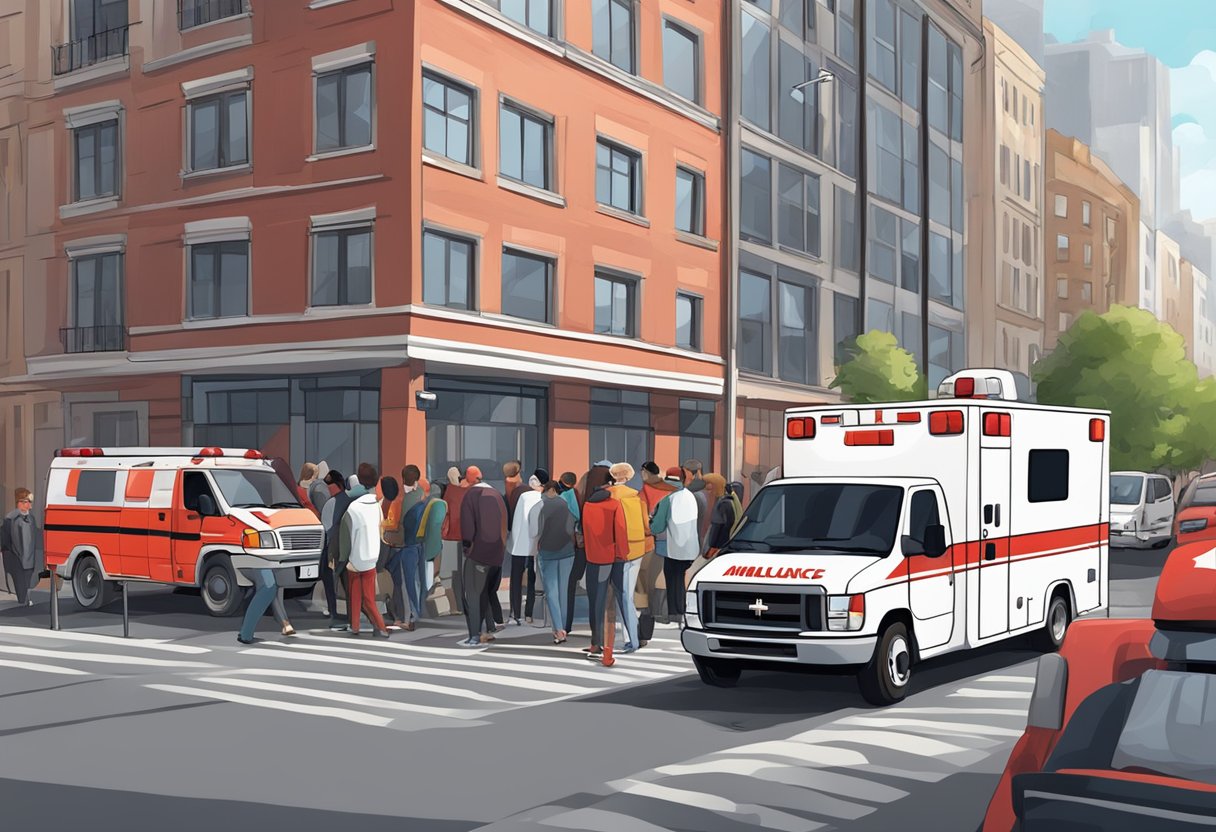 Uma rua movimentada da cidade com uma ambulância vermelha e branca estacionada em frente a um prédio, cercada por pessoas aguardando assistência.
