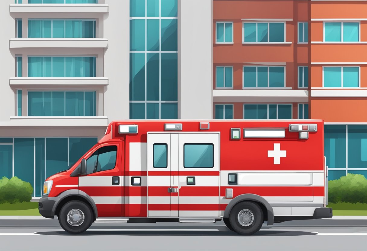 Uma ambulância vermelha e branca brilhante estacionada do lado de fora de um hospital, com o número de contato de emergência exibido de forma proeminente no veículo.