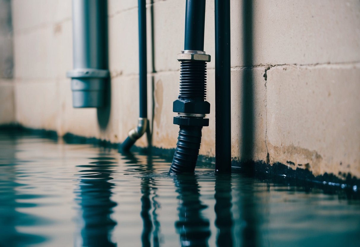 A basement with water seeping in from cracks in the foundation, pooling around an electrical conduit