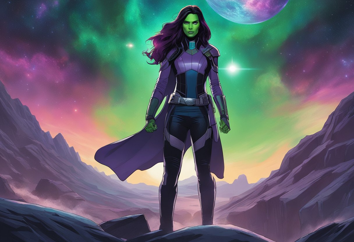 Gamora's fate revealed in a cosmic landscape with a mysterious figure looming in the background