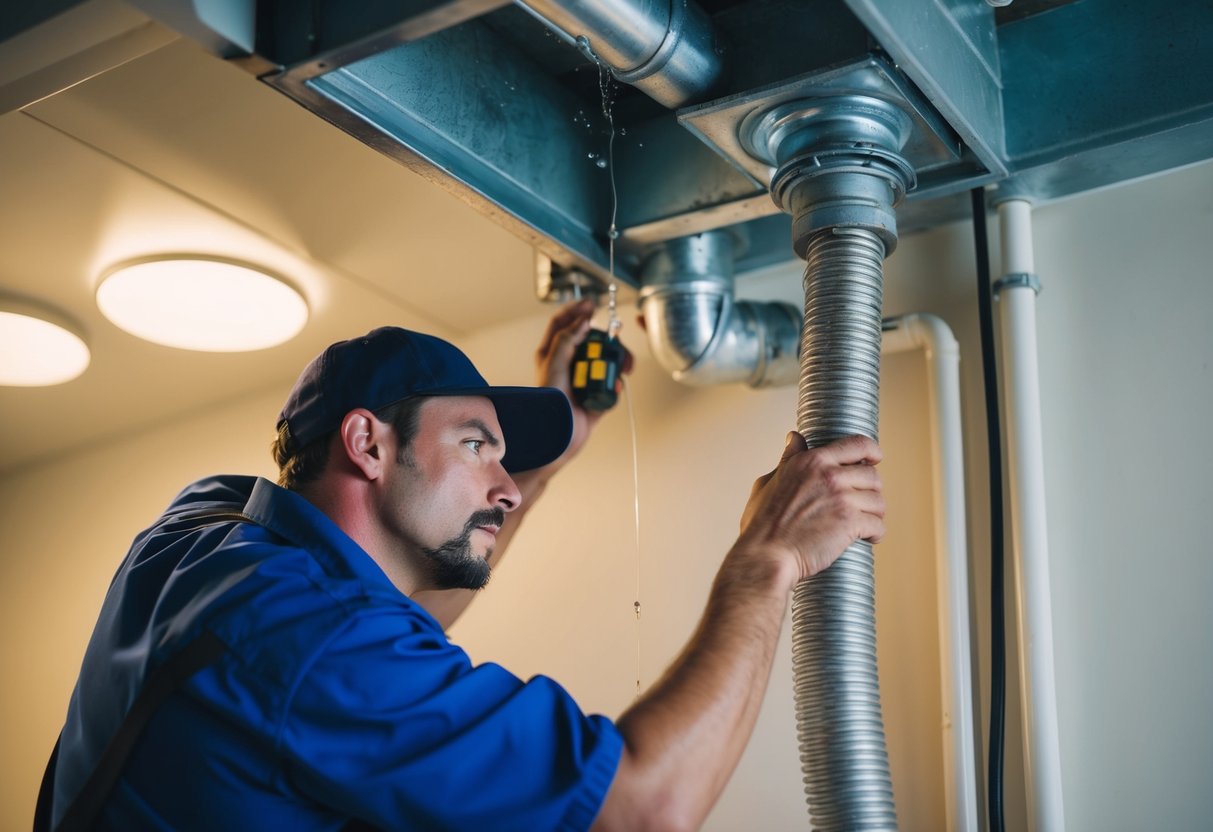 A maintenance worker repairing a water leak in an exposed electrical conduit