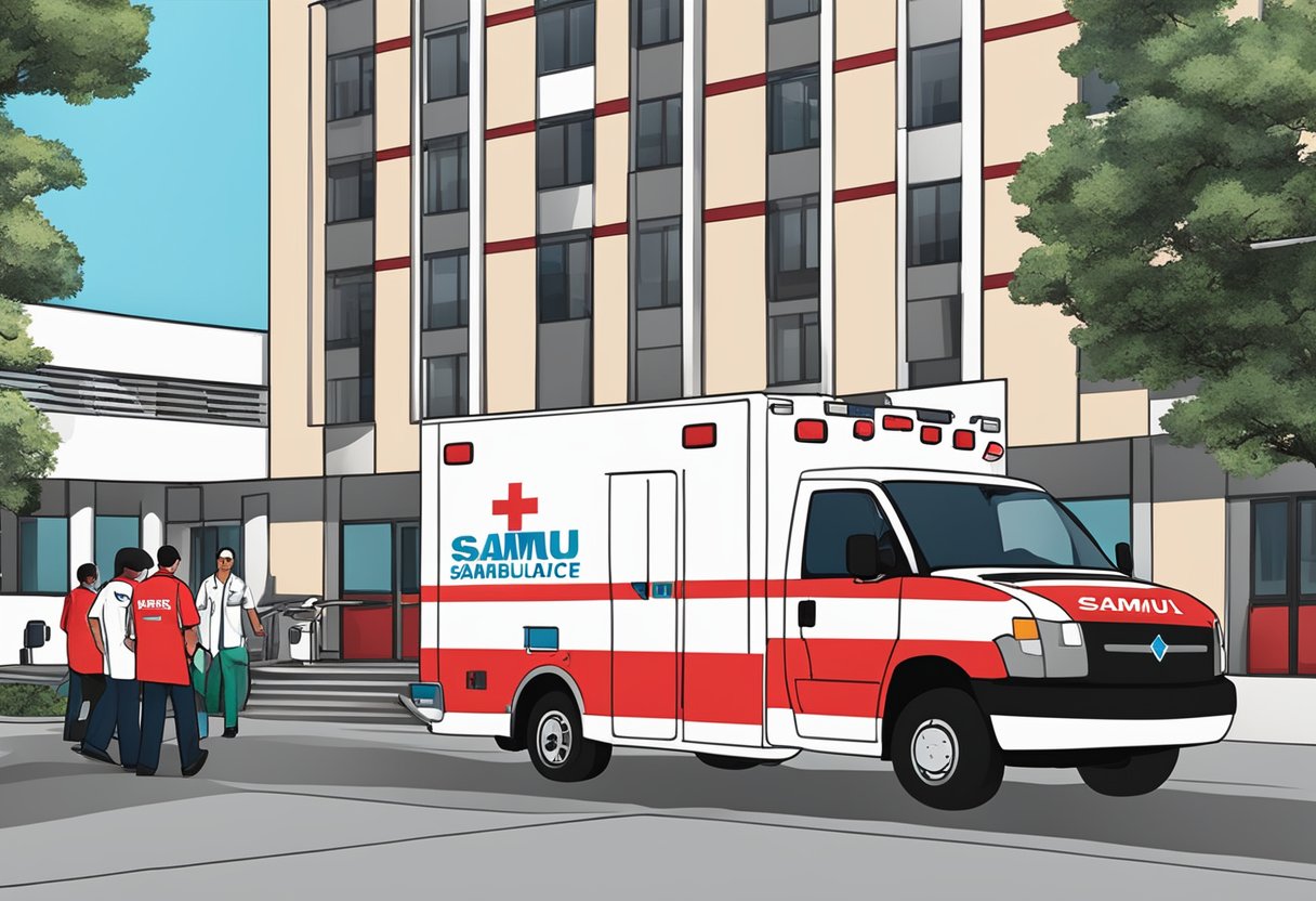 Uma ambulância vermelha e branca com o logo do SAMU estacionada do lado de fora de um hospital, com paramédicos carregando equipamentos médicos.