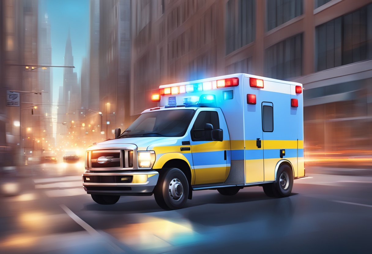 Uma ambulância acelerando pelas ruas da cidade com sirenes soando e luzes piscando