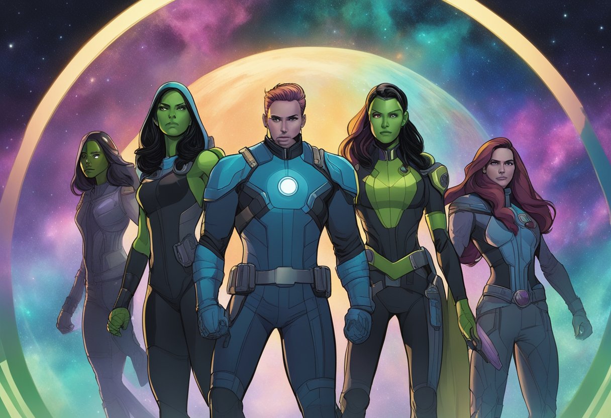 The Guardians stand in a circle, looking solemn. Nebula holds a holographic image of Gamora, her expression filled with grief and determination