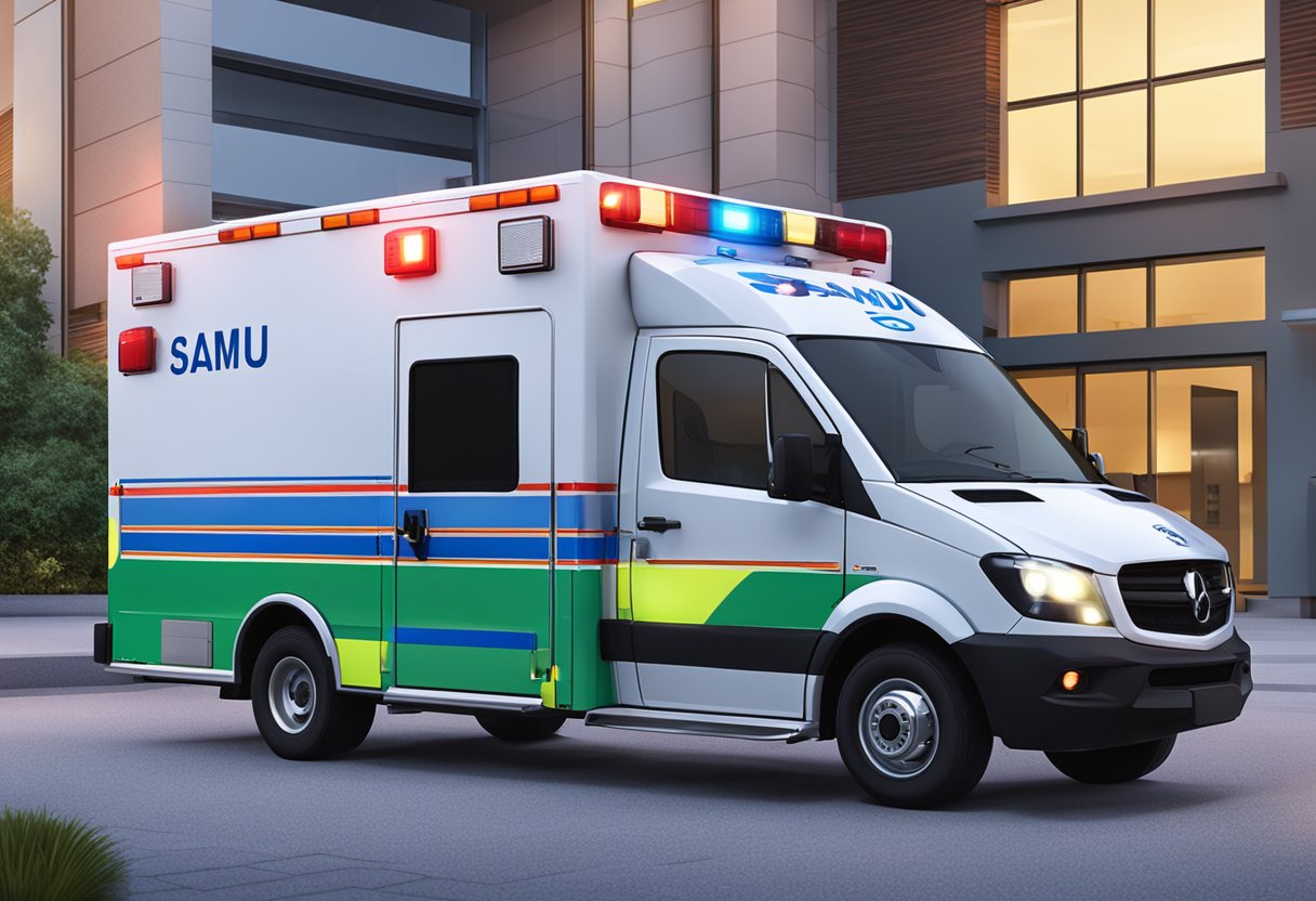 Uma ambulância com o logo do SAMU estacionada do lado de fora de um hospital, com luzes de emergência piscando.