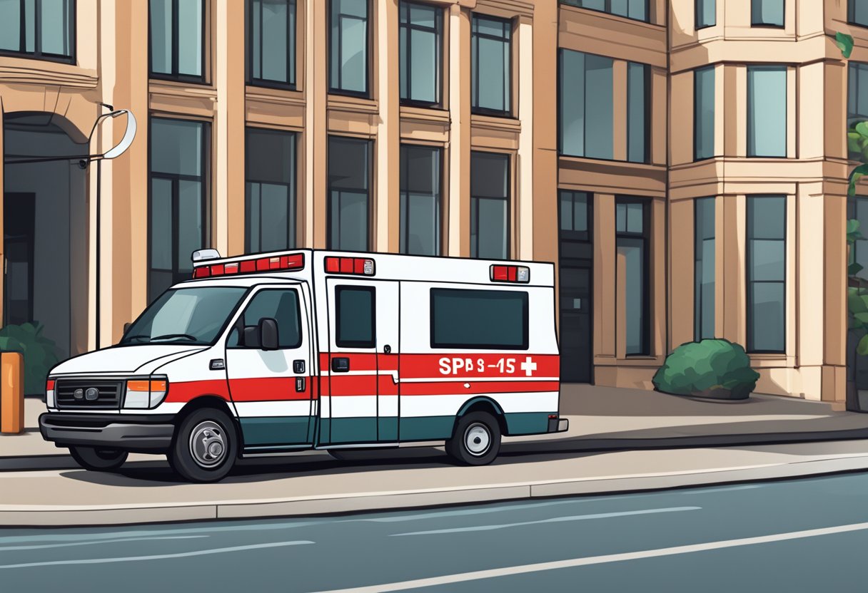 Uma ambulância estacionada do lado de fora de um prédio com o número "sp" em seu lado