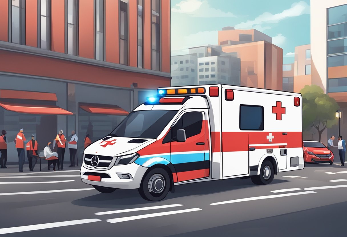 Uma ambulância vermelha e branca estacionada em uma rua da cidade, com as luzes de emergência piscando e os paramédicos atendendo a um paciente em uma maca.