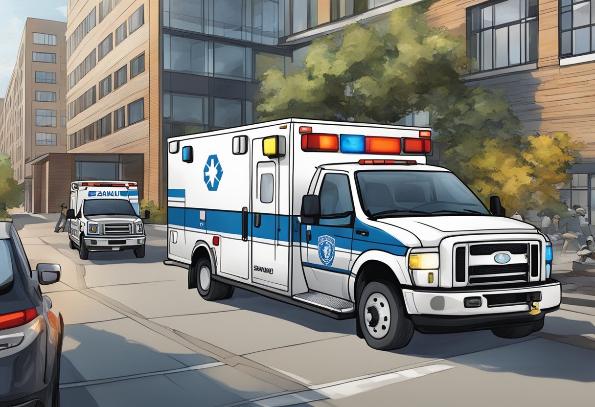 Uma ambulância estacionada do lado de fora com o logo do SAMU, cercada por pessoal de emergência e equipamentos.