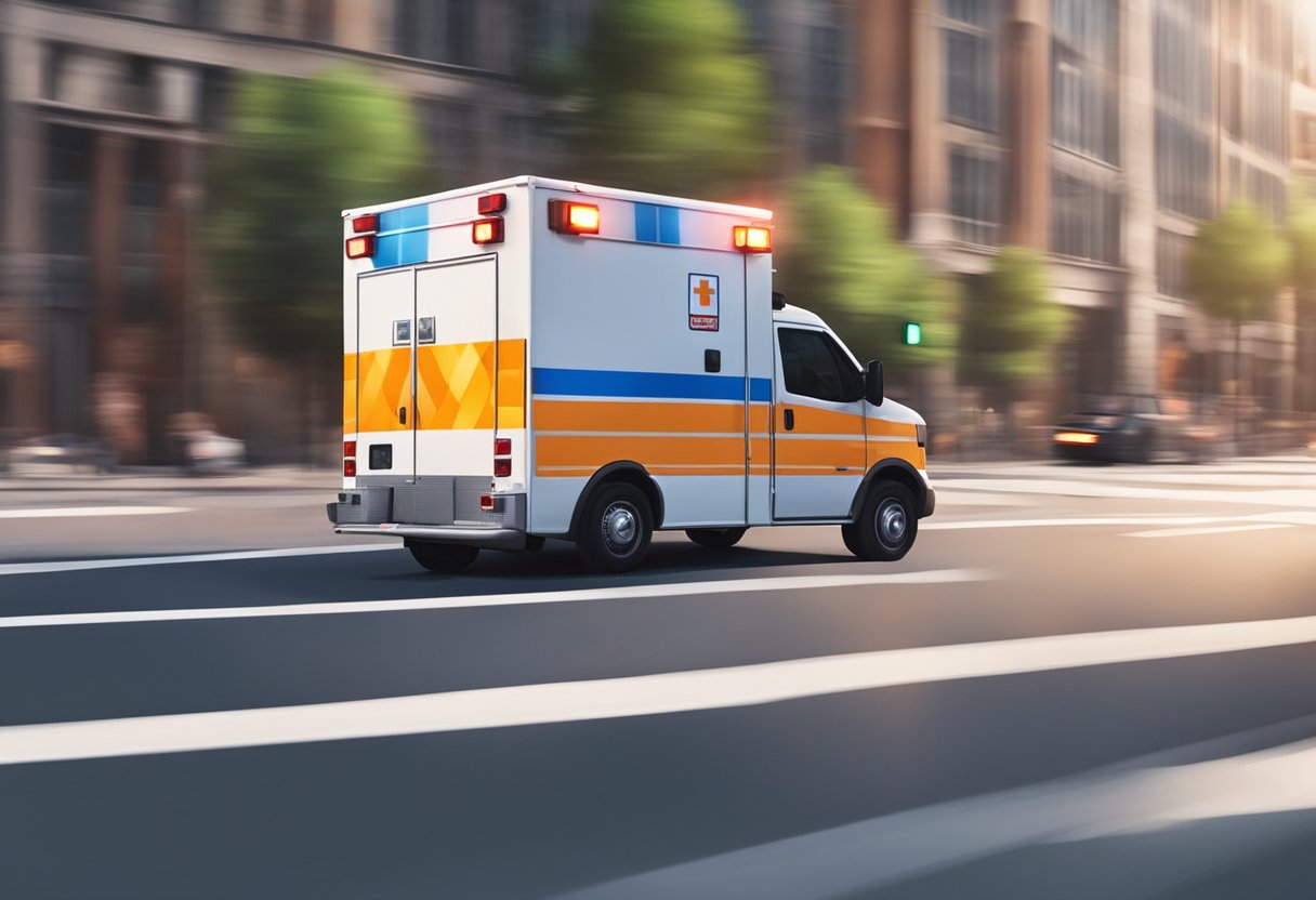 Uma ambulância acelerando pelas ruas da cidade com as luzes piscando e a sirene soando, apressando-se para atender a um pedido urgente de transporte médico.