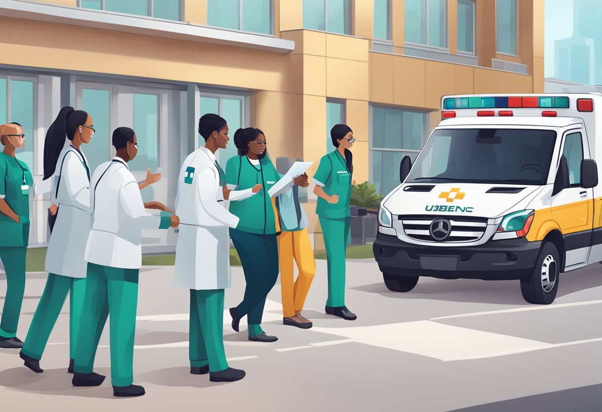 Uma ambulância com o logo da Uber estacionada do lado de fora de um hospital, com profissionais de saúde e representantes da empresa apertando as mãos e trocando documentos.