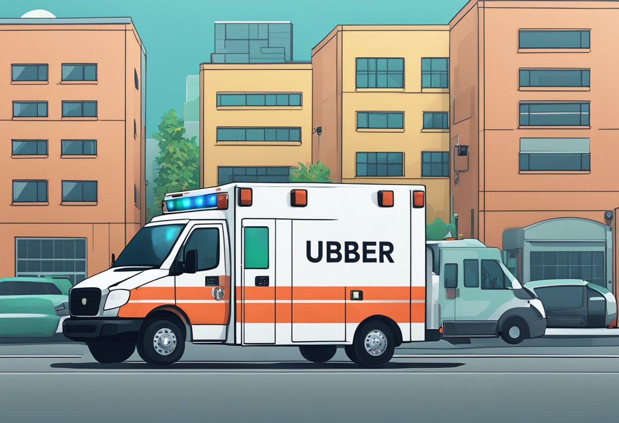 Uma ambulância com o logo do Uber estacionada em frente a um local seguro e privado, com um escudo simbolizando a proteção de dados pairando acima.