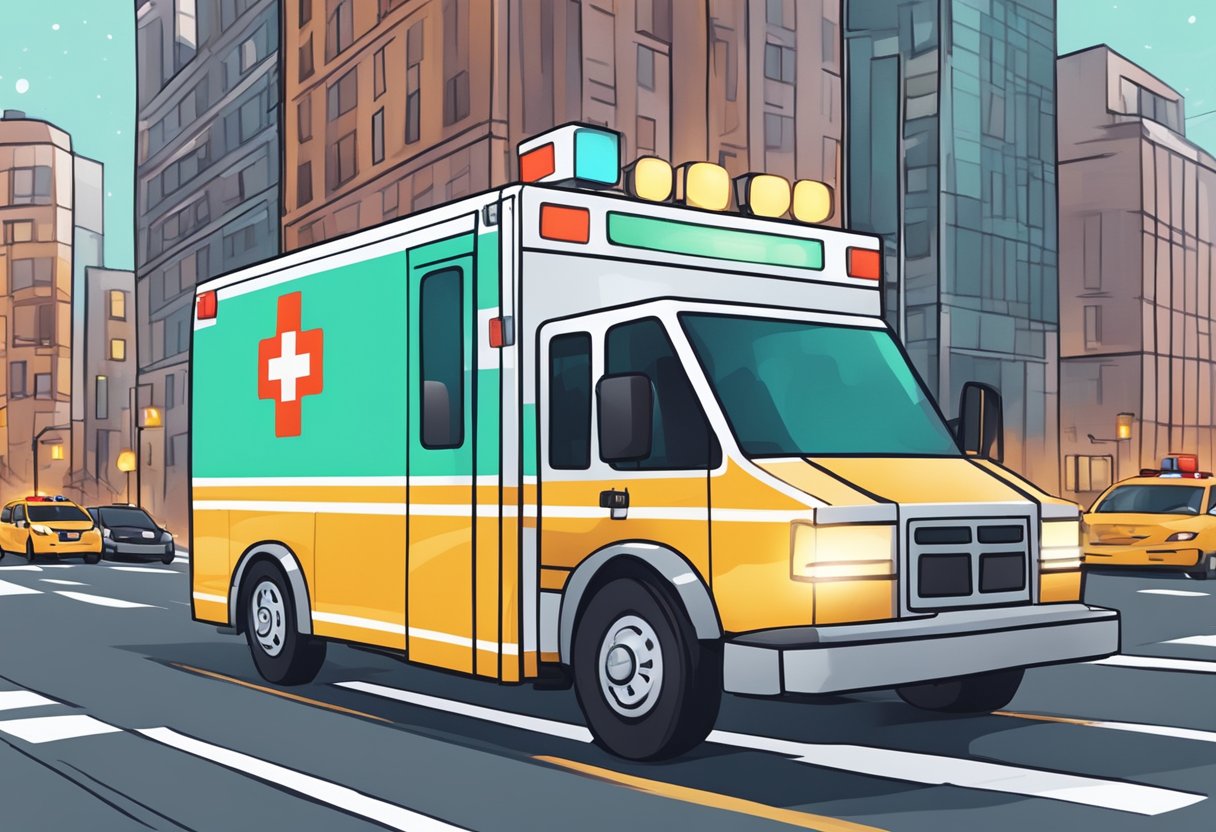 Uma ambulância do Uber navegando pelo tráfego da cidade com suas luzes piscando