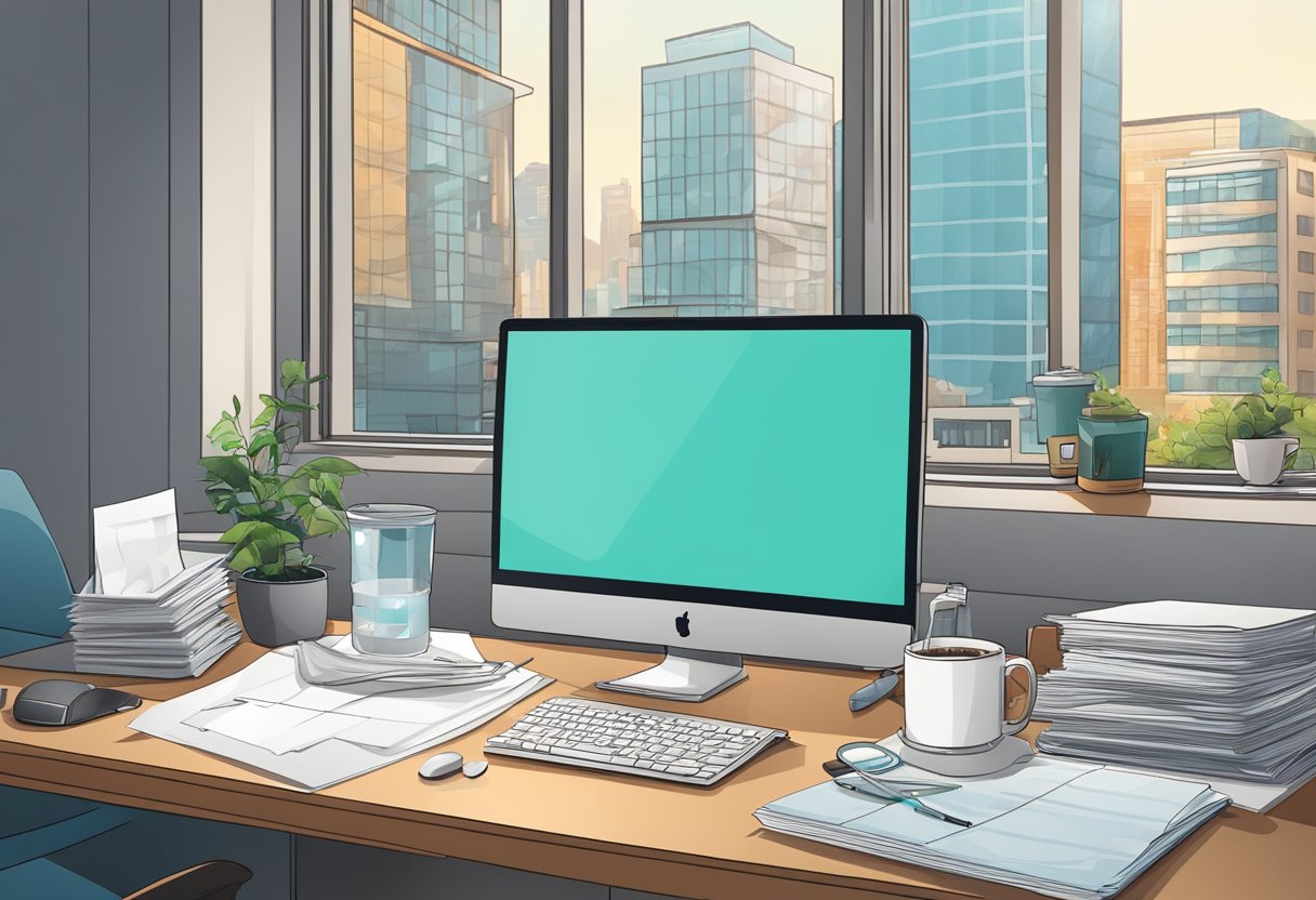 A cluttered desk with a computer, coffee mug, and scattered papers. A surgical mask and hand sanitizer on the desk. A window showing an empty city street