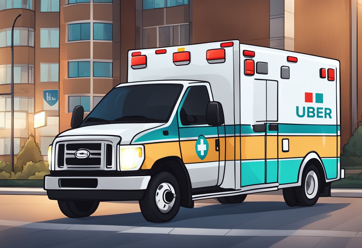 Uma ambulância com o logo do Uber do lado, estacionada em frente a um hospital com suas luzes piscando