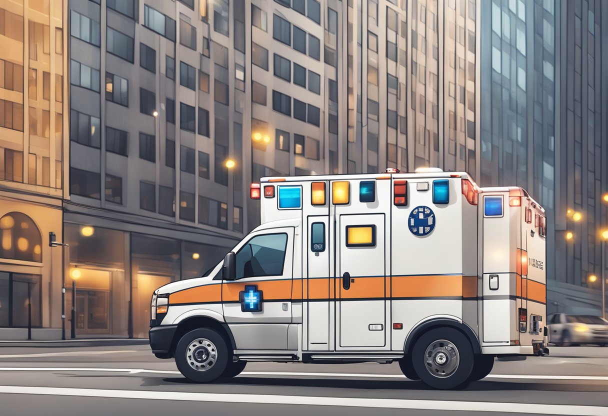 Uma ambulância com o logo do Uber na lateral, acelerando pelas ruas da cidade com suas luzes piscando e a sirene tocando.