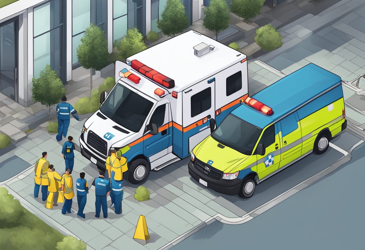 Uma ambulância do Uber estacionada do lado de fora de um hospital, com paramédicos colocando um paciente em uma maca.