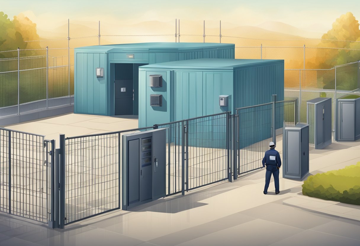Um data center seguro com uma entrada trancada e câmeras de vigilância, cercado por uma cerca de privacidade e vigiado por um segurança.