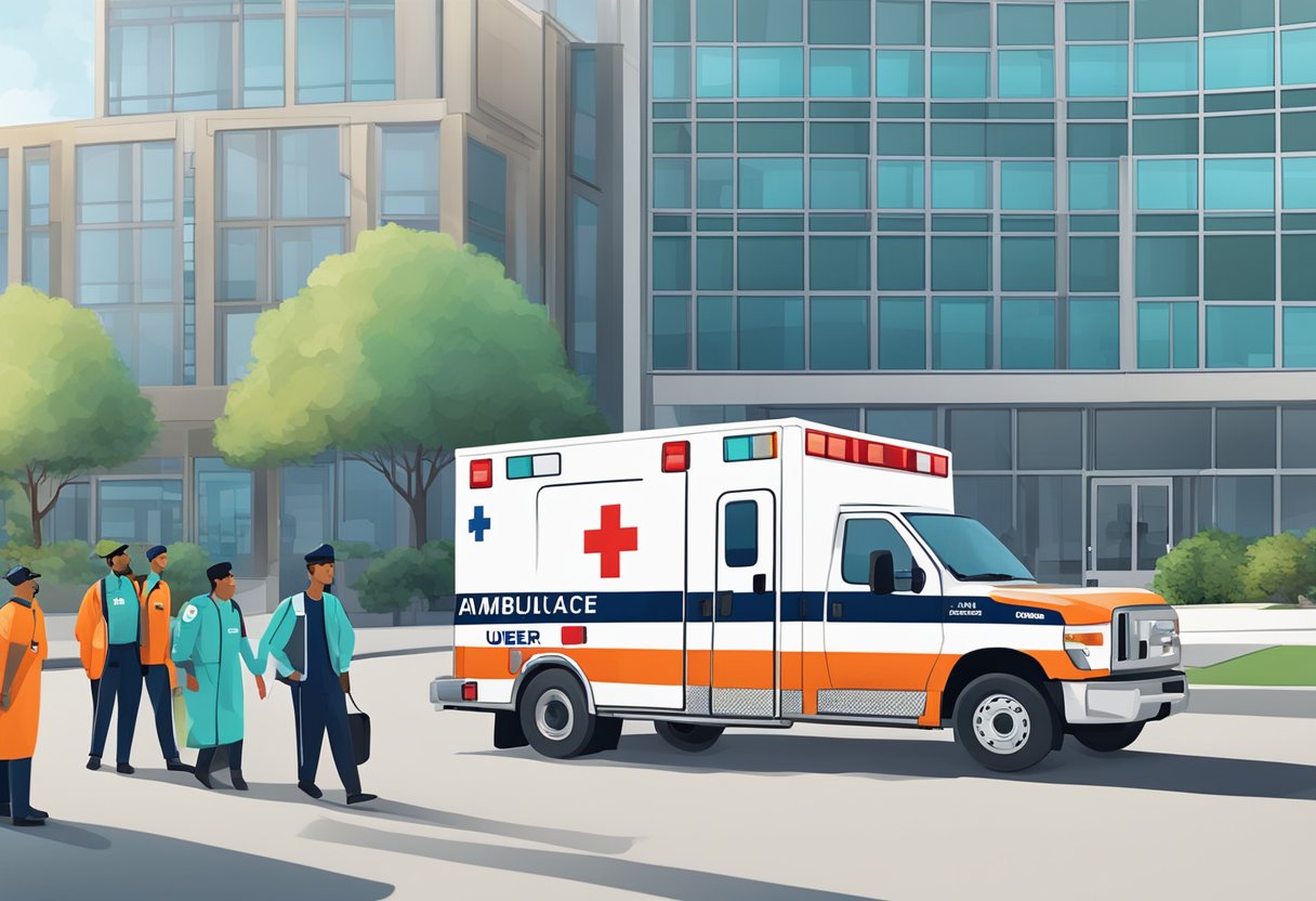 Uma ambulância com o logo do Uber estacionada do lado de fora de um hospital, com profissionais de serviços de emergência coordenando a transferência de pacientes.