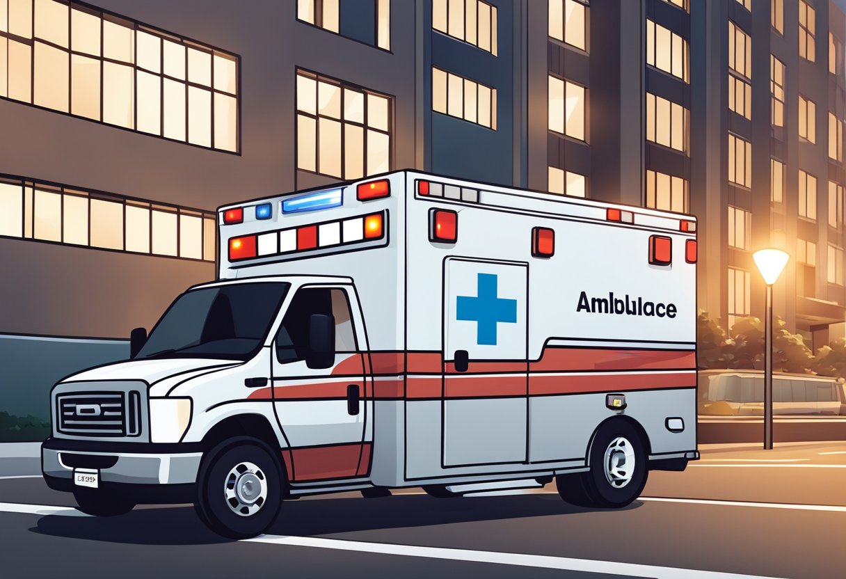 Uma ambulância com o logotipo da Uber na lateral, estacionada em frente a um hospital com suas luzes piscando