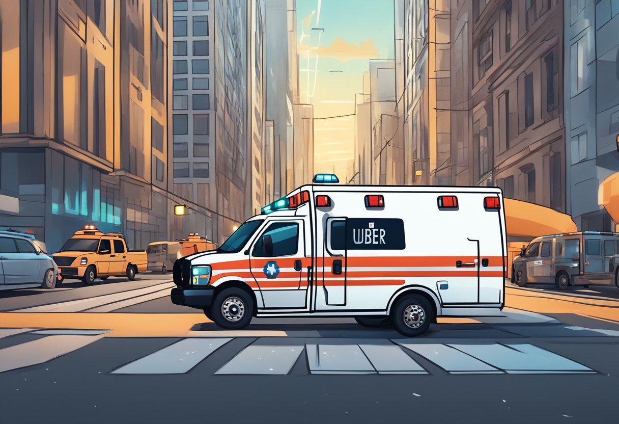 Uma ambulância com o logo do Uber correndo pelas ruas da cidade com luzes piscando e sirenes soando
