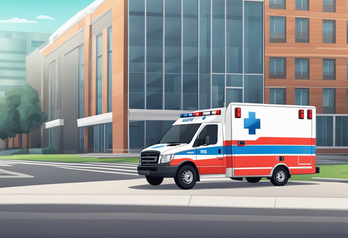 Uma ambulância moderna com o logo da Uber na lateral, estacionada do lado de fora de um hospital com luzes piscando