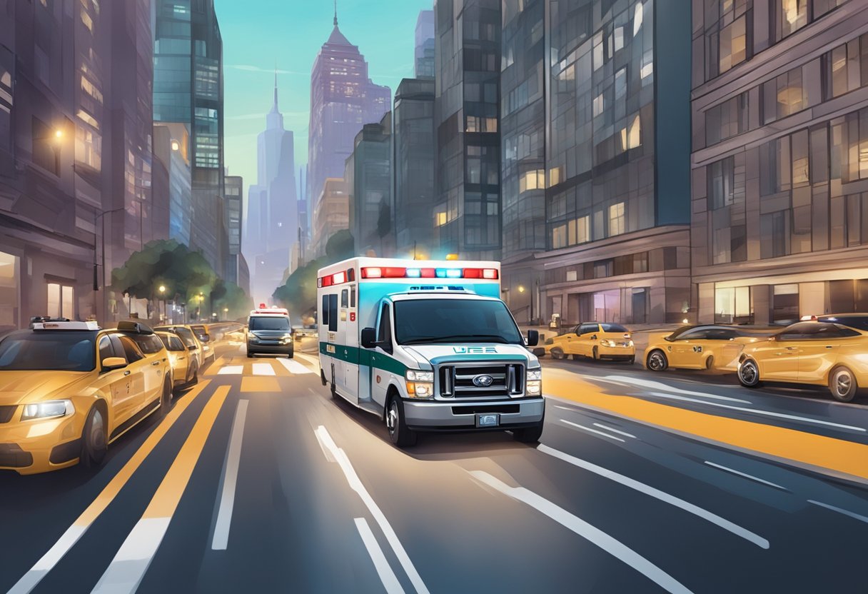 Uma ambulância do Uber passando por uma rua movimentada da cidade, com luzes piscando e um senso de urgência