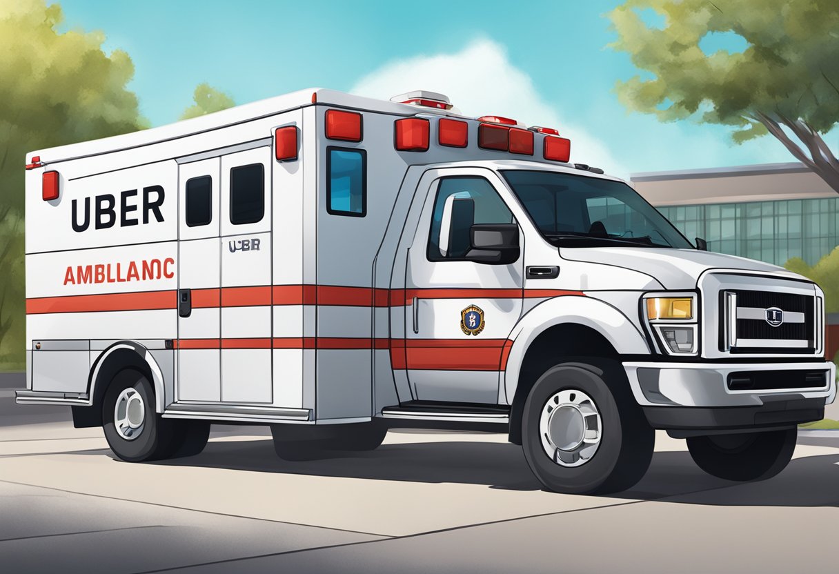 Uma ambulância da Uber estacionada em frente a uma unidade de saúde pública