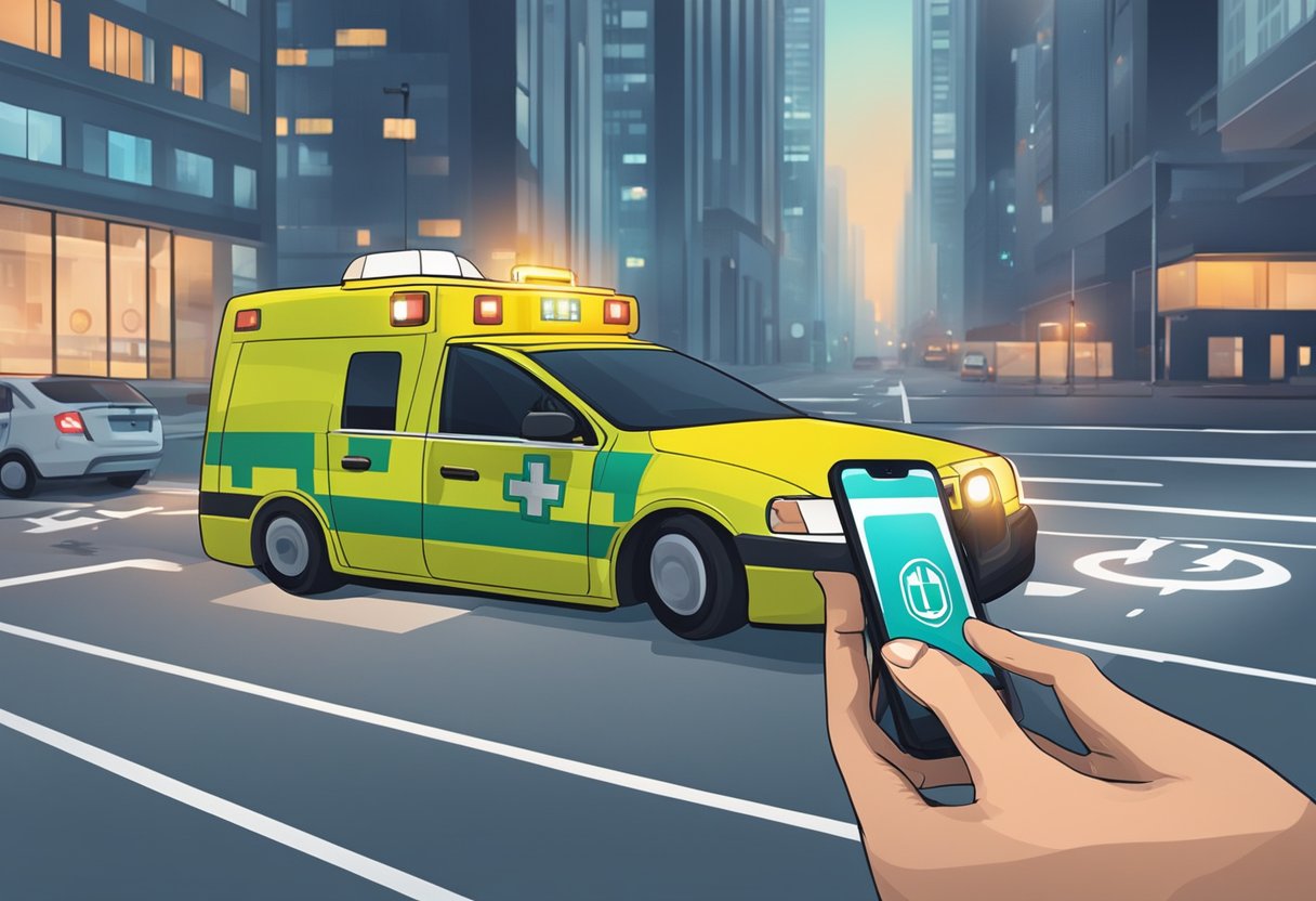 Uma pessoa usa um smartphone para solicitar uma Ambulância Uber, enquanto o veículo chega ao local com luzes piscando e um símbolo médico na lateral.