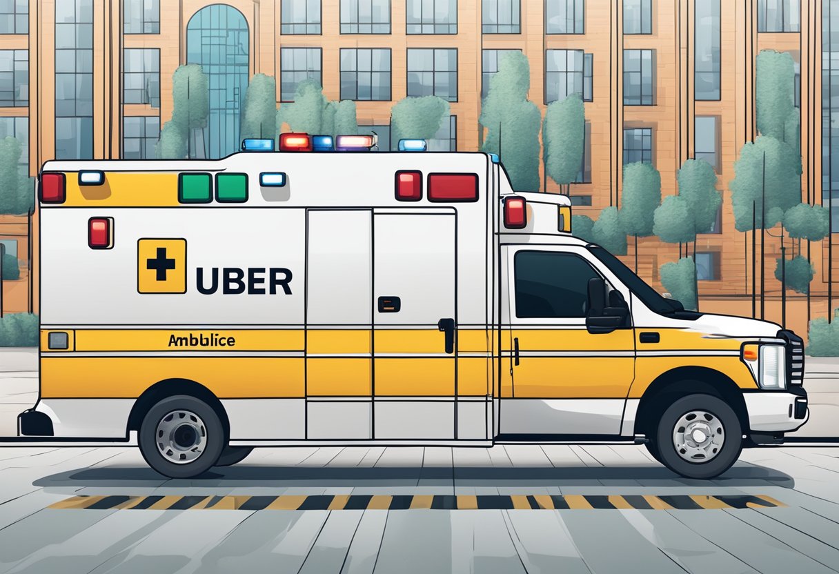 Uma ambulância com o logo do Uber, cercada por símbolos de privacidade e segurança
