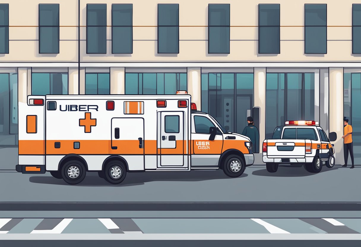 Uma ambulância com o logo do Uber na lateral, estacionada do lado de fora de um hospital, com paramédicos carregando uma maca na parte de trás.