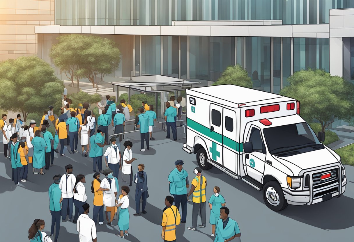 Uma ambulância com o logo do Uber estacionada do lado de fora de um hospital, cercada por espectadores preocupados e trabalhadores da saúde.