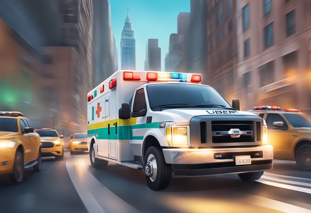 Uma ambulância do Uber acelerando pelas ruas da cidade com sirenes tocando e luzes piscando