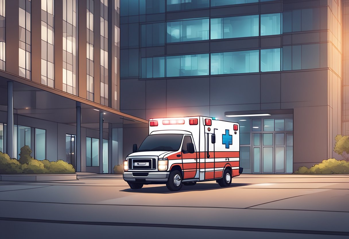 Uma ambulância com o logo da Uber do lado, estacionada em frente a um hospital com suas luzes piscando