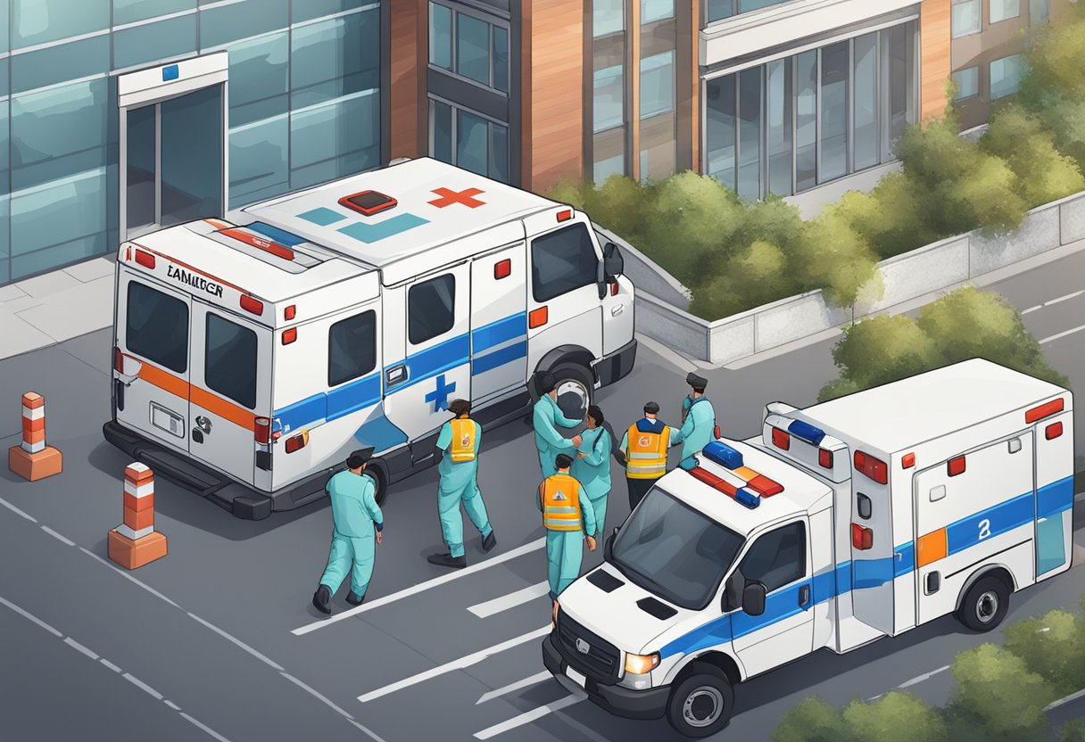 Uma ambulância com o logotipo da Uber estacionada do lado de fora de um hospital, com paramédicos colocando um paciente em uma maca.