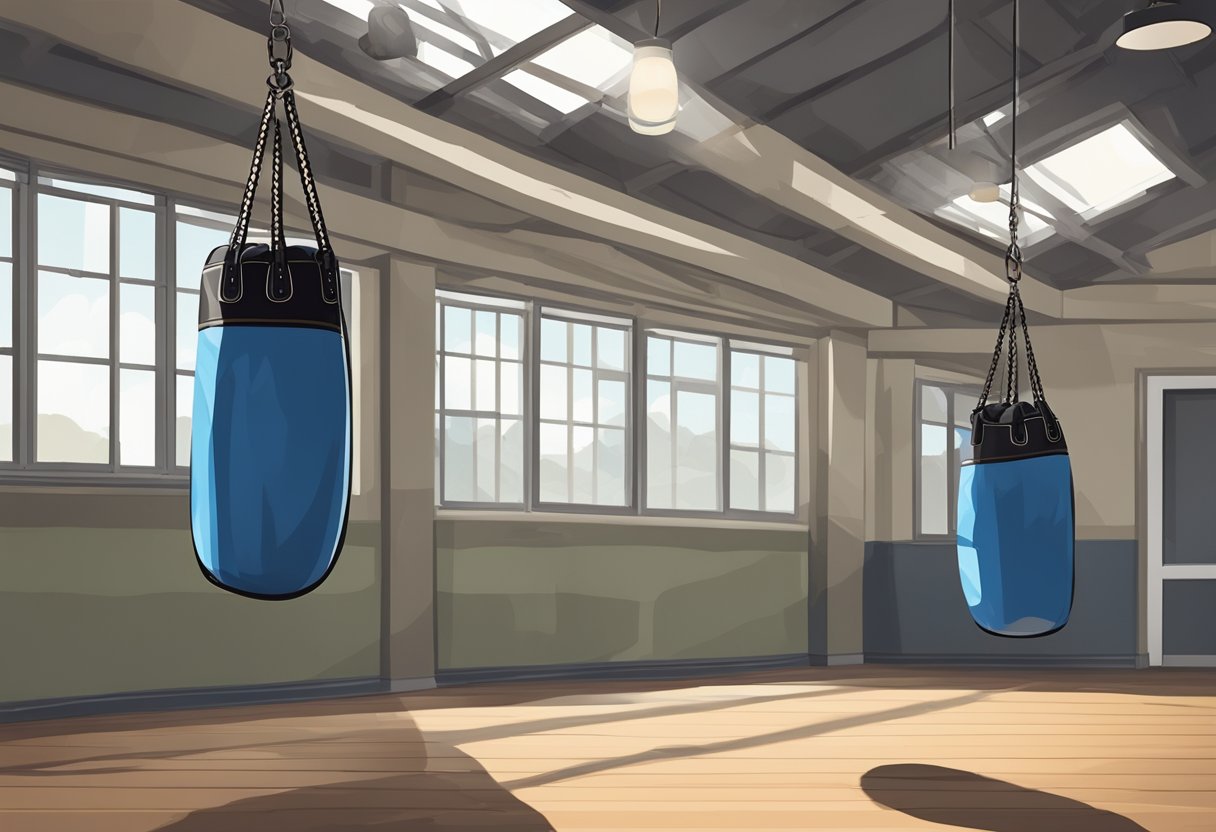 Two boxing gloves hanging from a worn-out punching bag in an empty gym