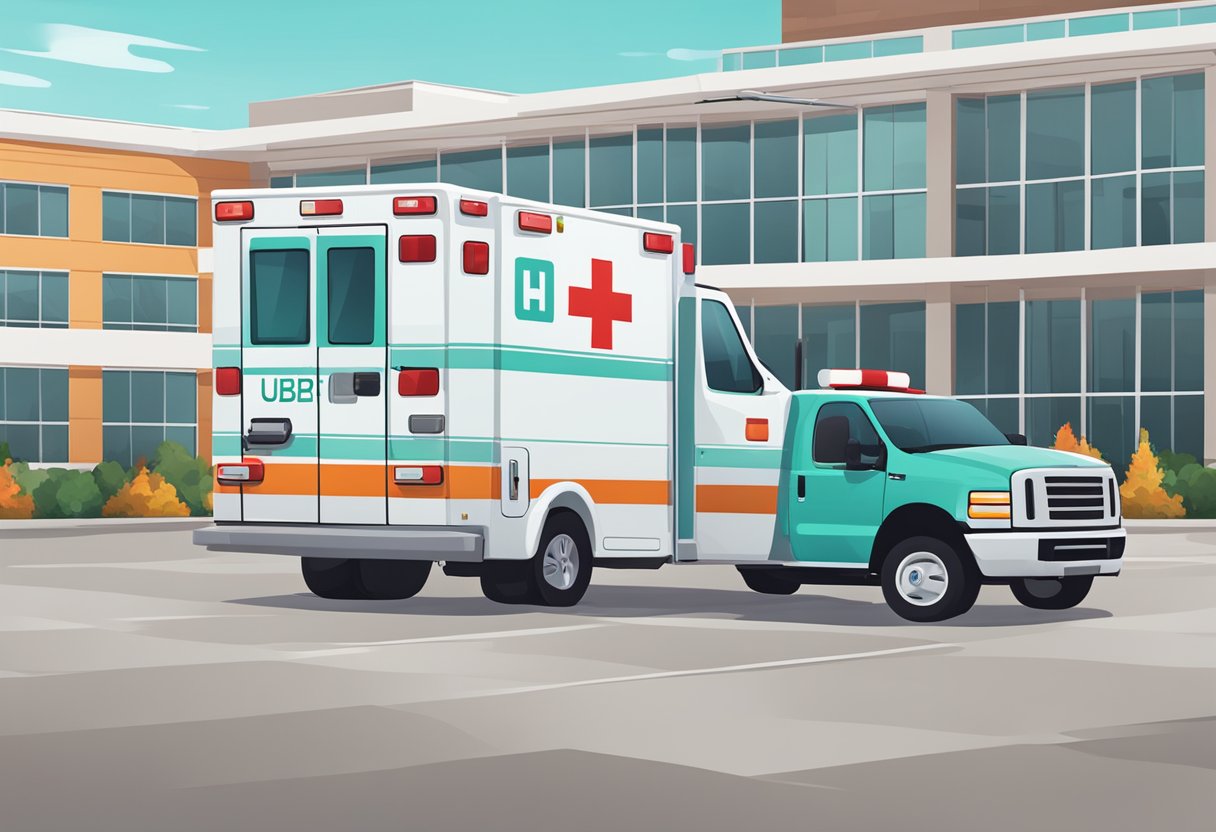 Uma ambulância com o logo do Uber Health estacionada do lado de fora de um hospital ou clínica, com a equipe médica assistindo um paciente.