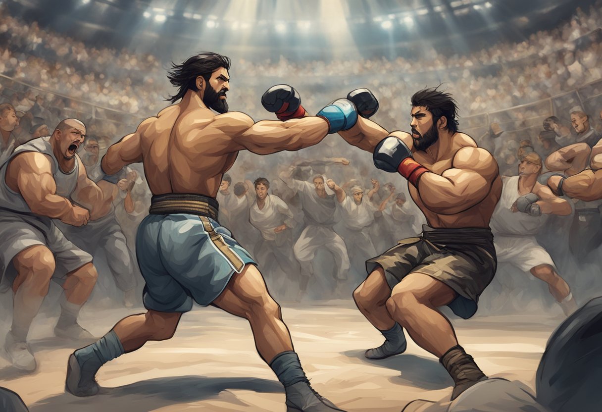 Two fighters engage in a fierce battle, surrounded by a cheering crowd. The opponents are locked in intense combat, showcasing their strength and skill