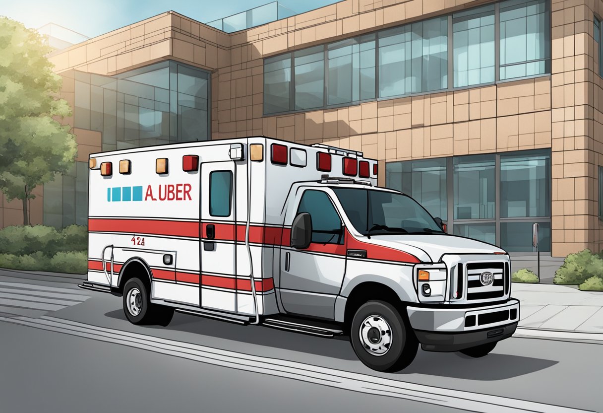 Uma ambulância com o logo do Uber estacionada do lado de fora de um hospital, pronta para o serviço.