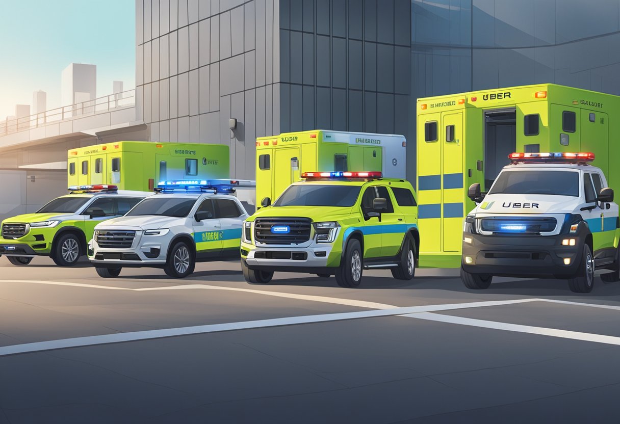 Veículos e pessoal de resposta a emergências em uma estação de ambulância da Uber, com protocolos de segurança e equipamentos em exibição
