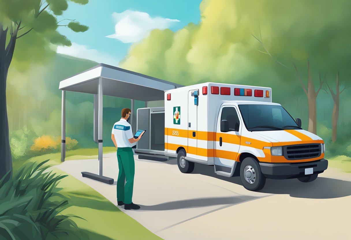 Uma ambulância estacionada em uma área isolada, com uma pessoa ao fundo manipulando dados em um tablet