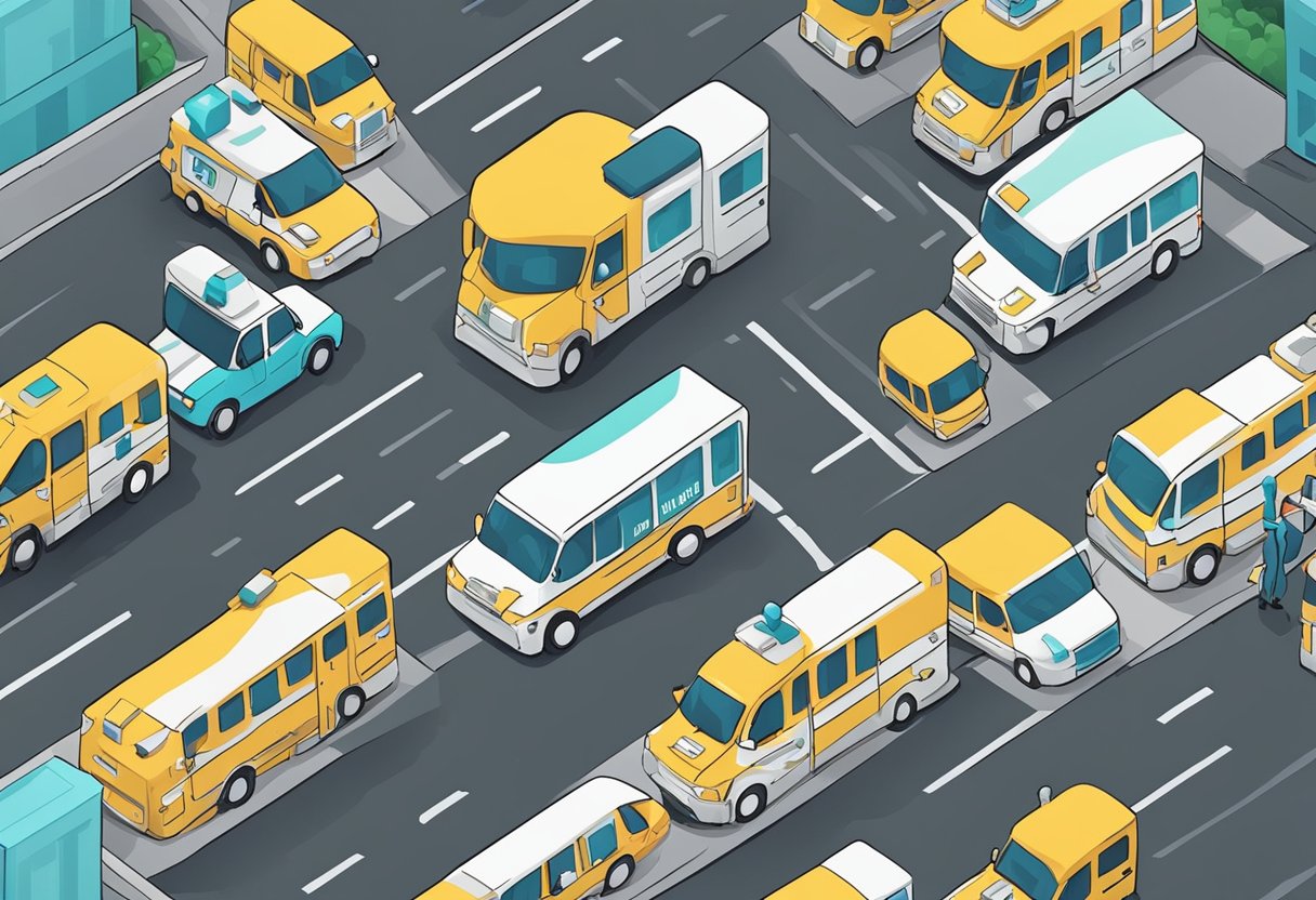 Uma ambulância do Uber navegando por ruas congestionadas da cidade, contornando o tráfego para chegar rapidamente a um hospital.