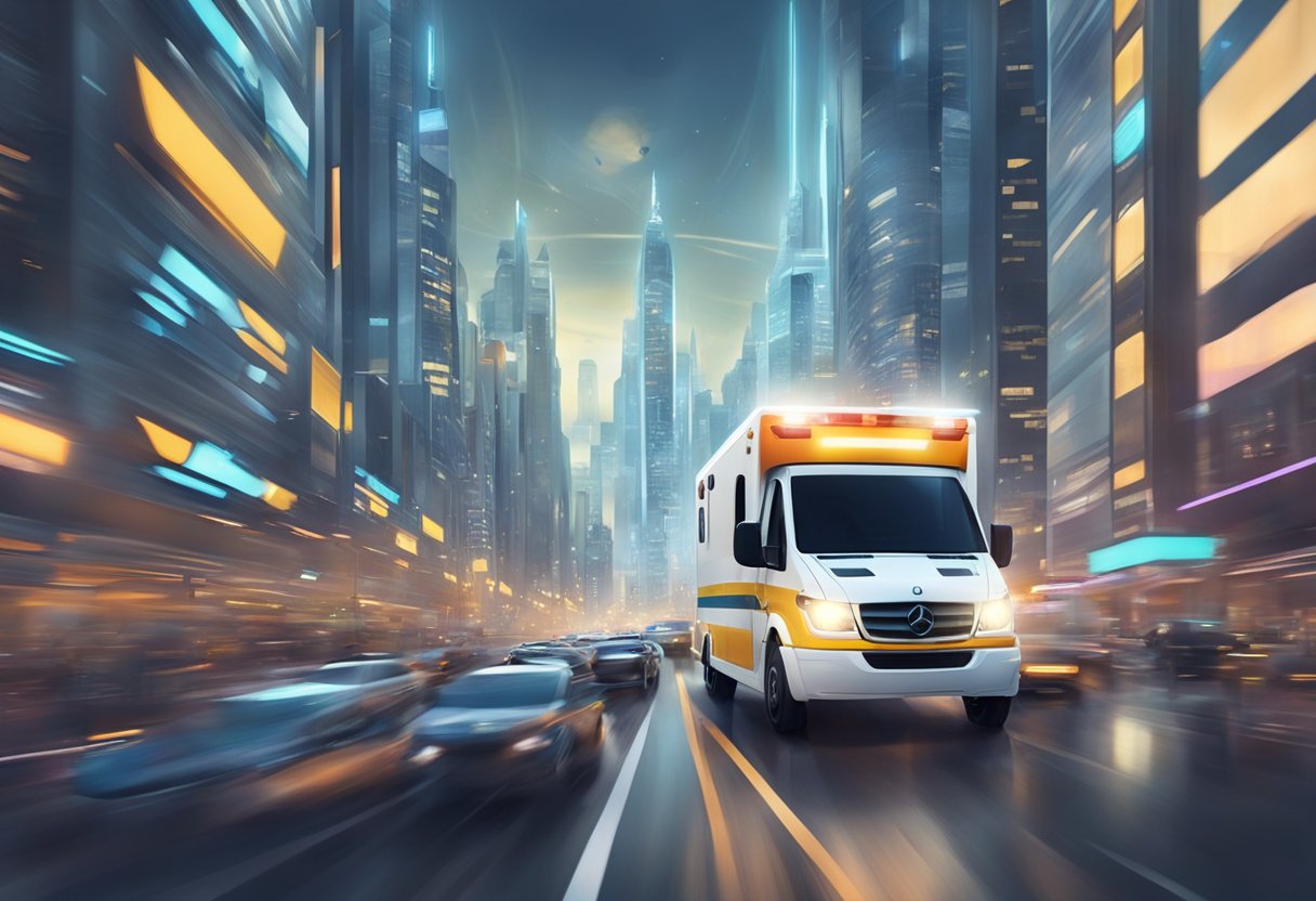 Uma ambulância futurista voando sobre uma cidade movimentada, navegando pelo tráfego com facilidade, enquanto uma sensação de urgência e eficiência é transmitida.