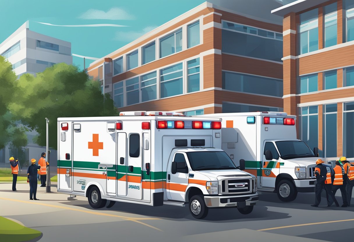 Uma ambulância da Unimed estacionada do lado de fora de um hospital, com as luzes piscando e os paramédicos carregando uma maca na parte de trás.