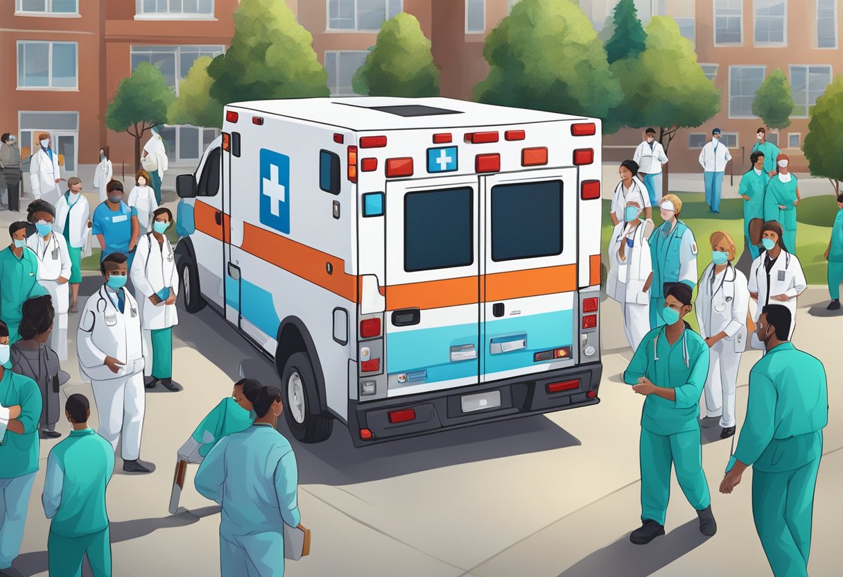 Uma ambulância da Unimed cercada por profissionais de saúde respondendo a uma emergência