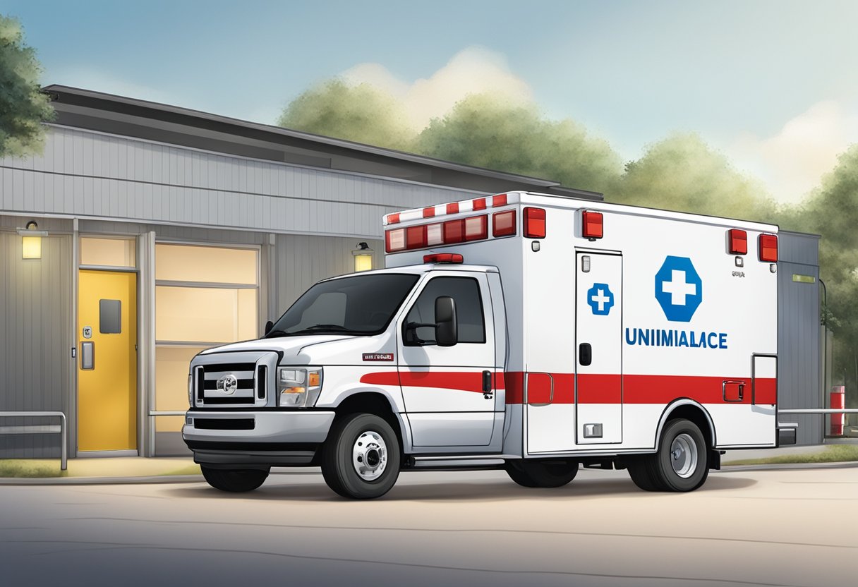 Uma ambulância com o logo da Unimed estacionada em uma área coberta