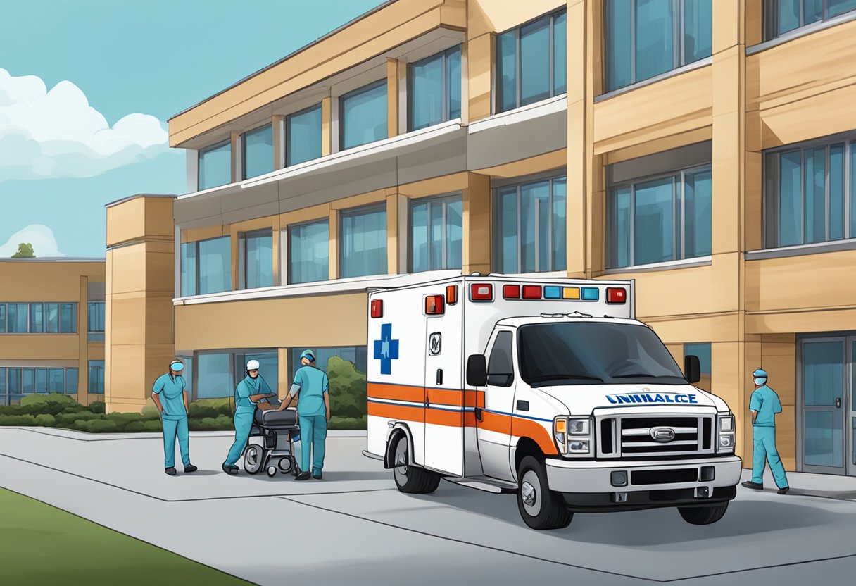 Uma ambulância com o logo da Unimed estacionada do lado de fora de uma unidade médica, com equipamentos médicos e pessoal atendendo a um paciente.