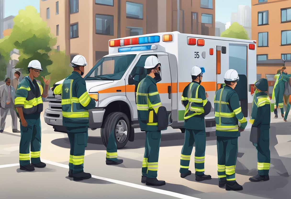 Um grupo de profissionais uniformizados passa por exercícios de segurança e treinamento perto de uma ambulância da Unimed.