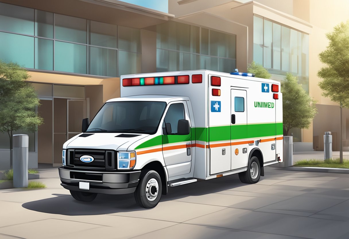 Uma ambulância com o logo da Unimed estacionada do lado de fora de uma unidade médica, com uma maca e equipamentos médicos visíveis através das portas abertas.
