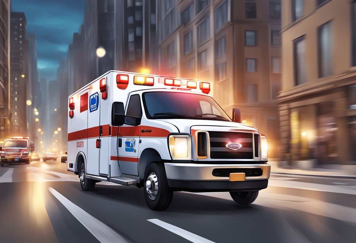 Uma ambulância da Unimed correndo pelas ruas da cidade com as luzes piscando e a sirene soando, cercada por uma sensação de urgência e emergência.