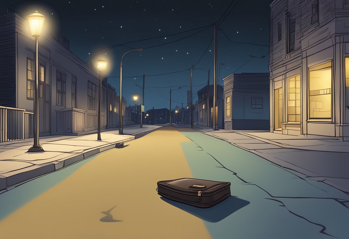 A deserted street at night, illuminated by a single flickering streetlight, with a discarded purse lying on the ground